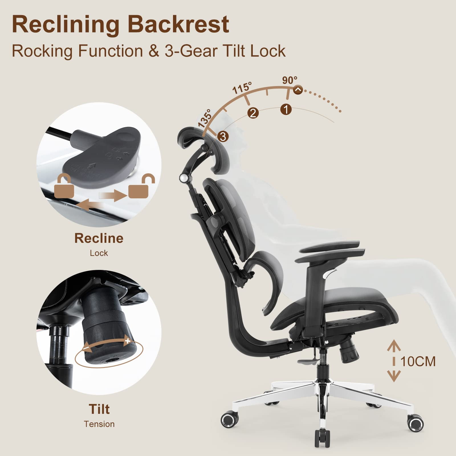 X Xishe Ergonomic Office Chair,High Back Home Desk Chair with 5D Armrests,Big and Tall Mesh Chair with Lumbar Support,Adjustable Headrest,90°~135° Tilt Lock,Black