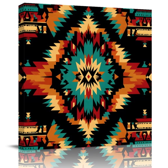 Wall Art Prints, Boho Orange Teal Framed Canvas Prints for Bedroom Living Room Bathroom Office, Geometric Vintage Southwestern Ethnic Gallery Wrap Wall Art Poster for Gifts Home Decor 12"x12"