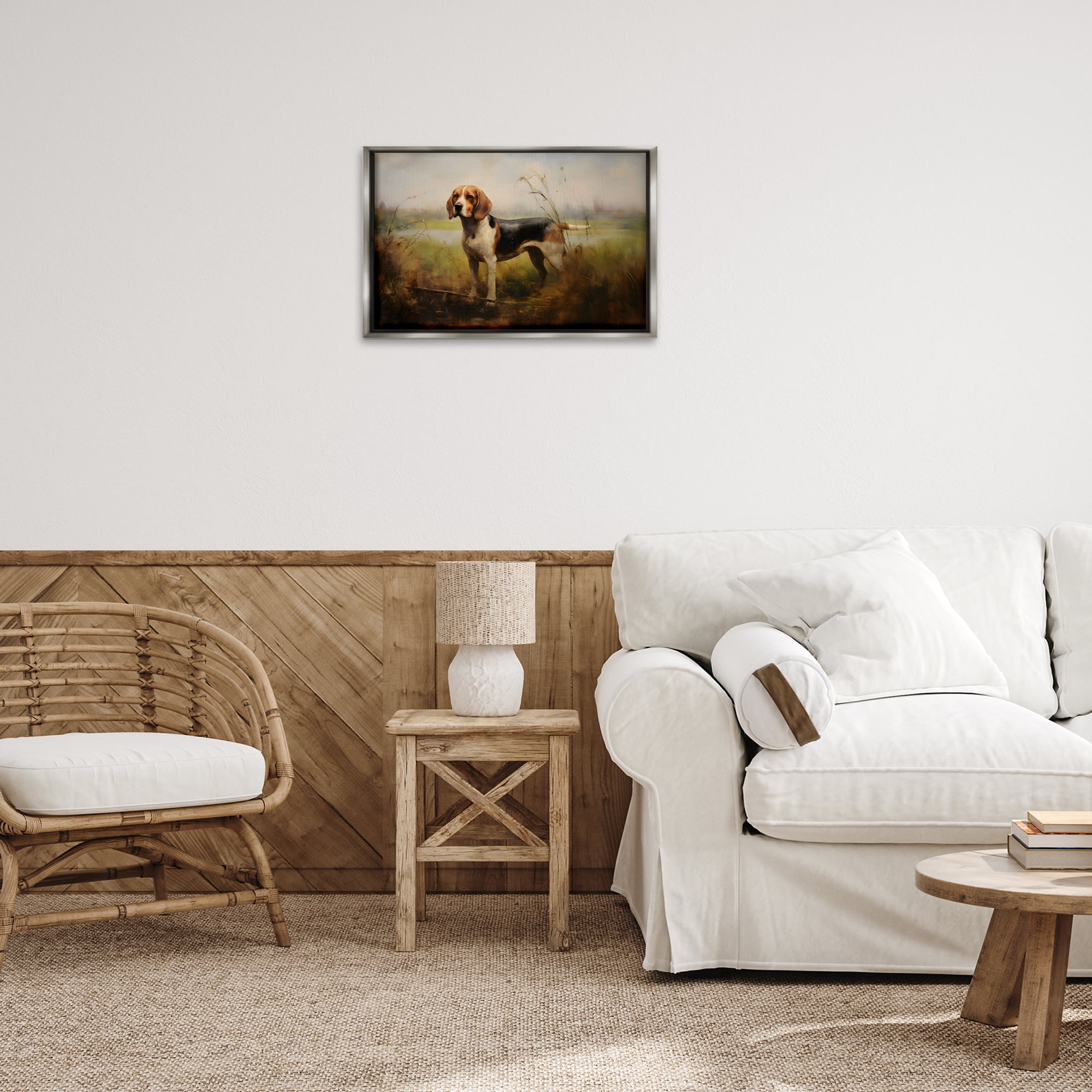 Stupell Industries Beagle Dog Rural Field Landscape Painting Gray Floater Framed Canvas Art Print Wall Art, 25 x 17