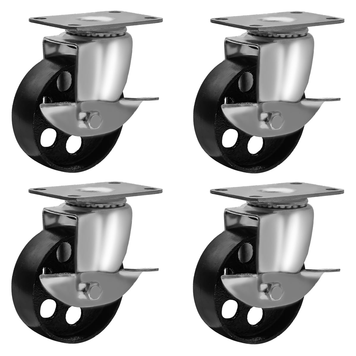 Lot of 4 All Steel Swivel Plate Casters and 2 with Brake Lock 3" Wheel 