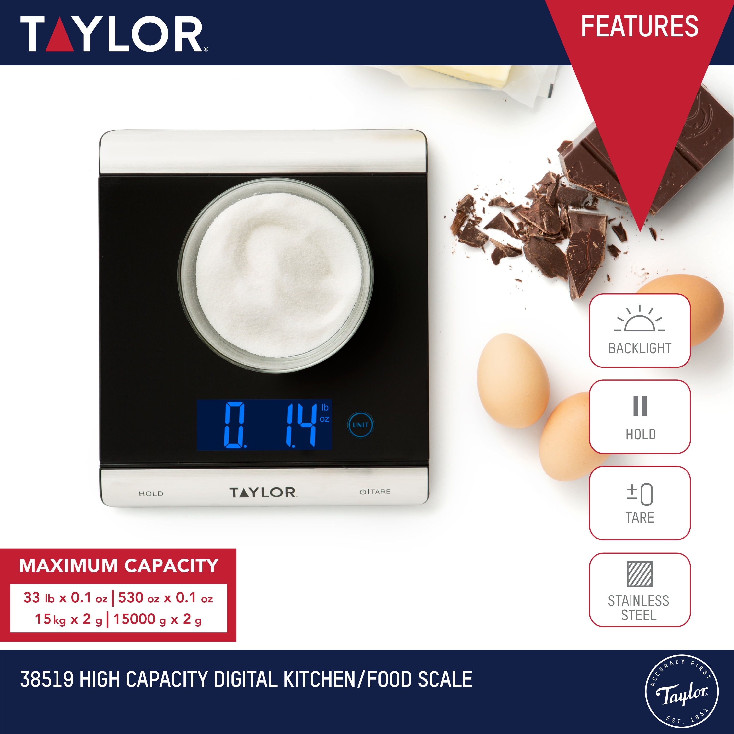 Taylor Pro Digital Large Kitchen Food Scales, Professional Standard Tare  Feature with Accuracy and High Precision Sensor, Stainless Steel Silver, 10