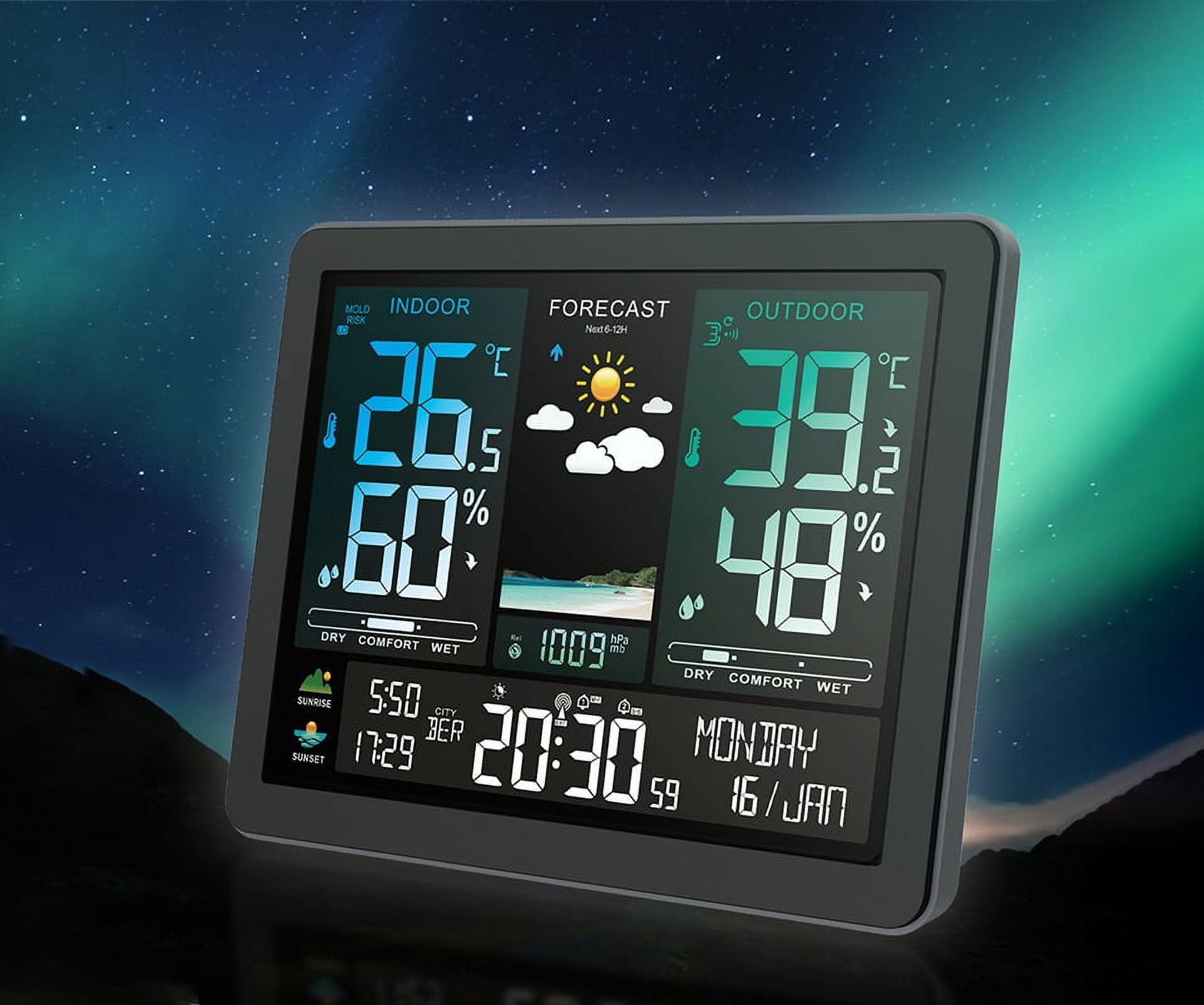 Multifunction Weather Station Alarm Clock Color Screen Sunrise and Sunset Thermometer Hygrometer with Wireless Outdoor Sensor ,High Precision