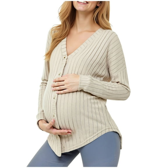 OYXSER Winter Long Sleeve Maternity Tops, Maternity Clothes, Pregnant Women's Knitted Front Button Cardigan, Nursing Maternity Shirts Off Shoulder Sleeves Knitted Sweater Loose Coat. Khaki L