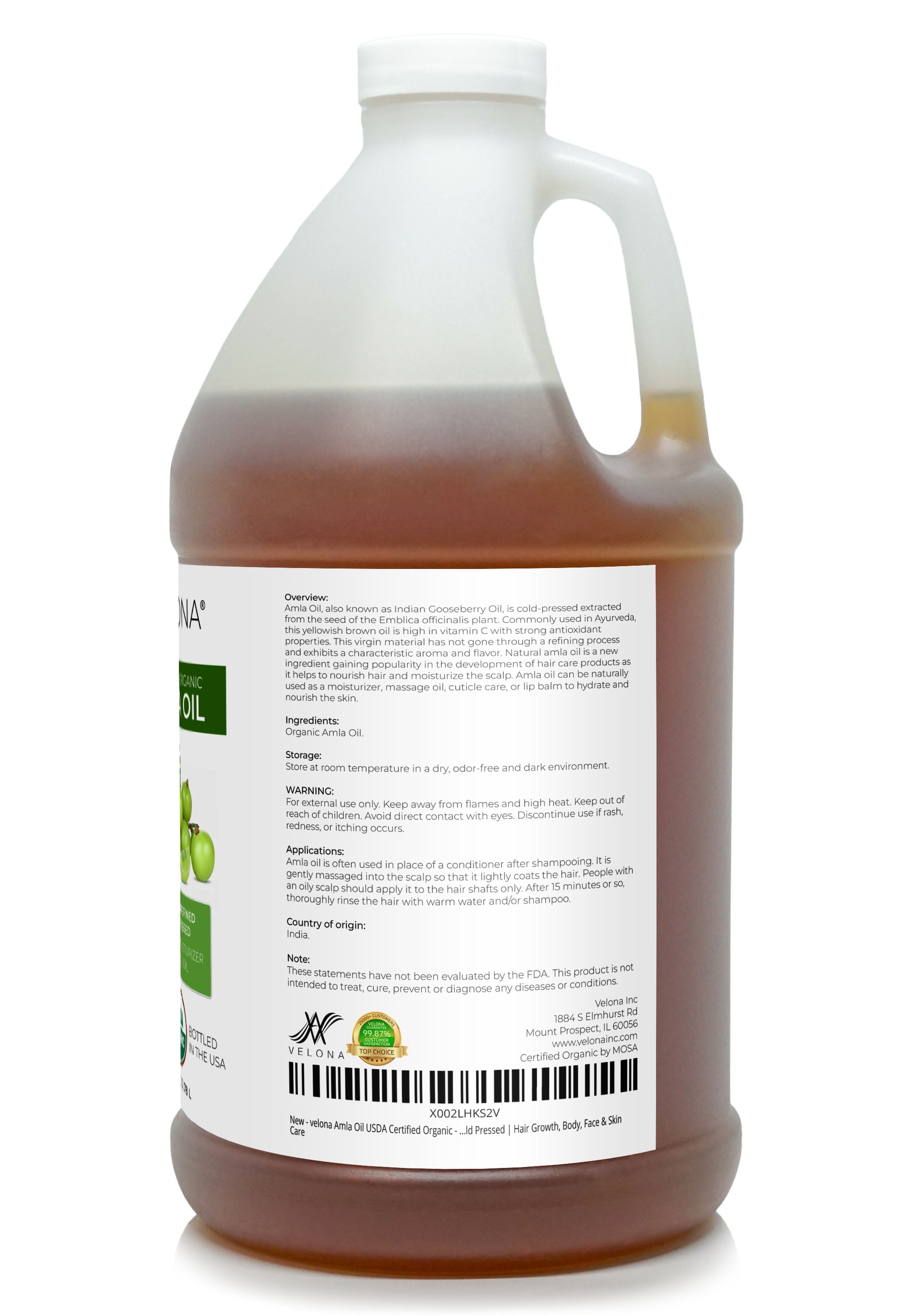 velona Amla Oil USDA Certified Organic - 1 Gallon / 128 Fl Oz | 100% Pure and Natural Carrier Oil | Extra Virgin, Unrefined, Cold Pressed | Body, Face & Skin Care