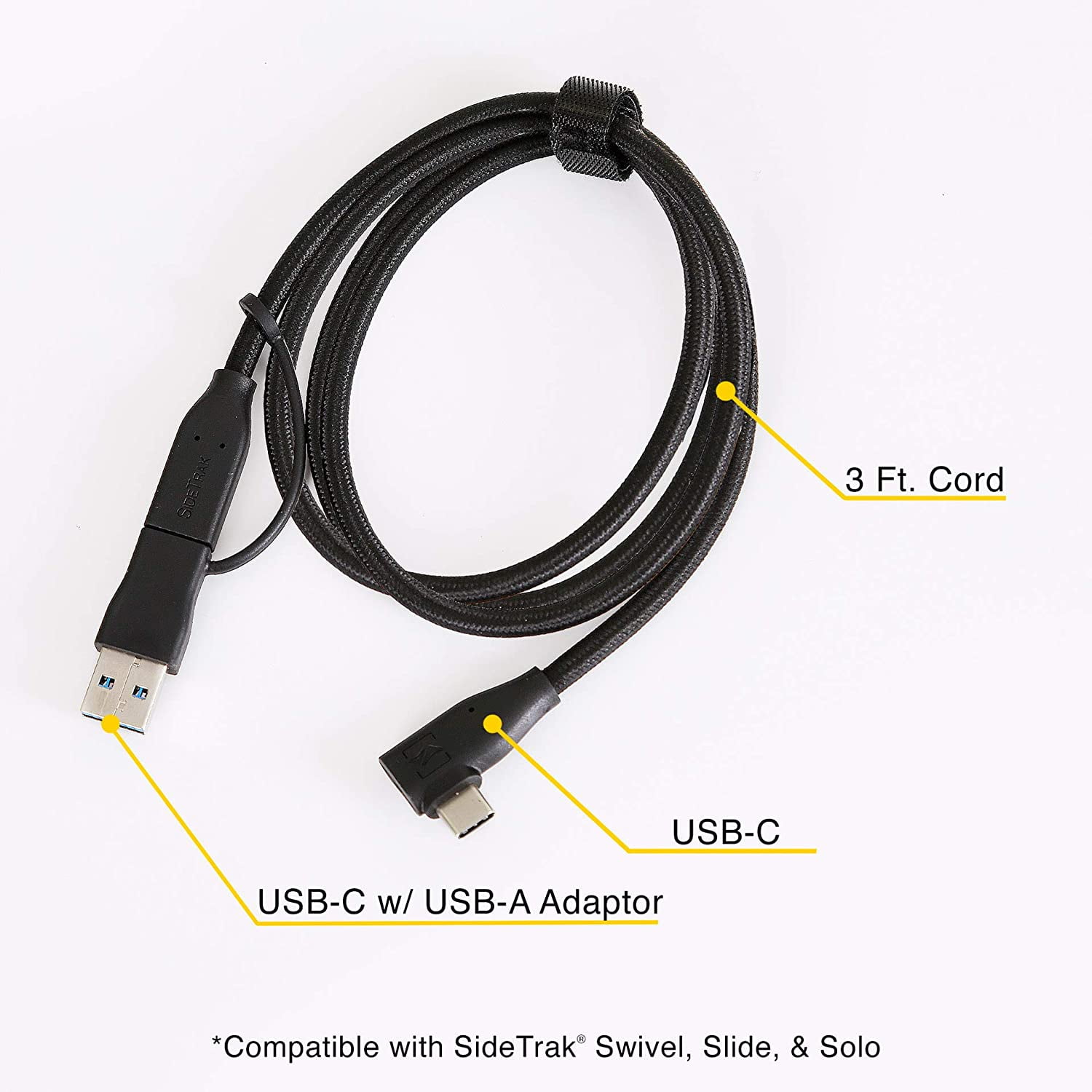 SideTrak USB-C to USB-C Cable & USB-A Adapter | Durable, Flexible, Tangle-Free Braided Nylon Cord | 3ft | Black