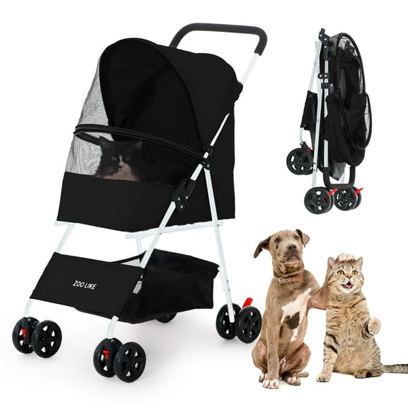 ZOOLIKE 4-Wheeled Pet Stroller for Cats & Dogs, Foldable Travel Carrier with 360-Degree Swivel, Black