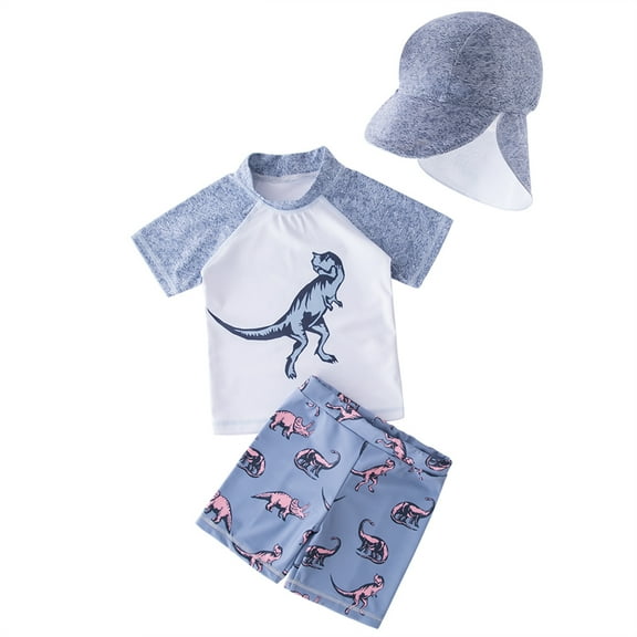 StylesILove Kid Boys Chic Graphic Rash Guard with Swim Hat 3pcs Swimsuit Pool Party Swimwear Beach Bathing Suit (Blue Dinosaur, 130/6)