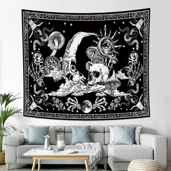 Skull Tapestries Gothic Mushroom Skeleton Black White Aesthetic Tapestry Wall Hanging for Bedroom Living Room Decor,60Wx50H
