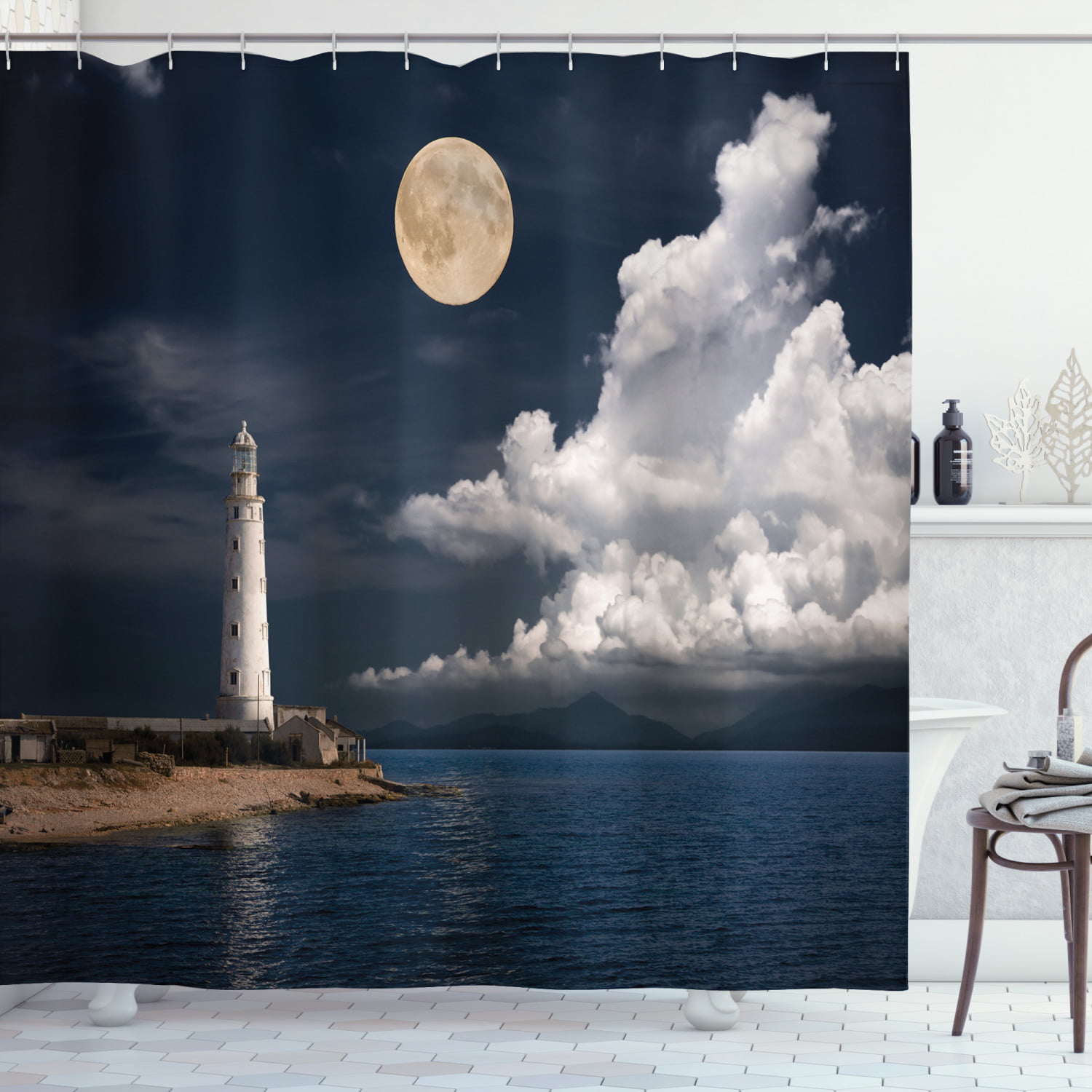 Lighthouse Light Up Ocean Shower Curtain Waterproof Fabric Bathroom 12 Hooks Set 