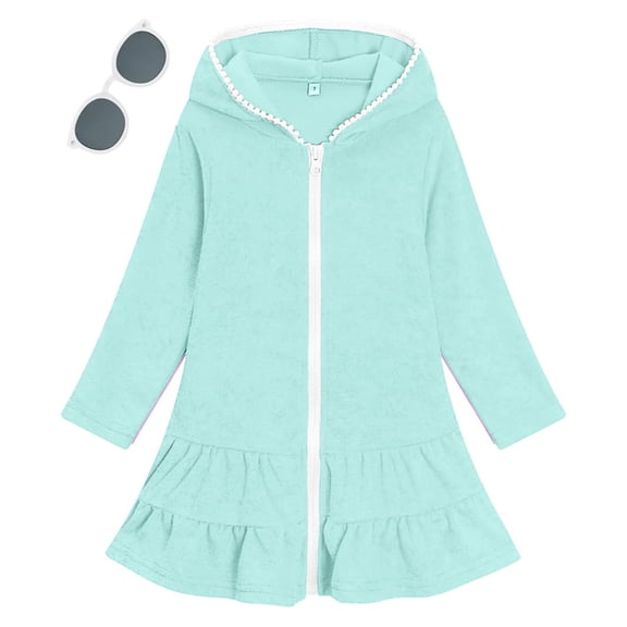 TIREOW Girls Swim Cover Up Solid Color Long Sleeve Zip-Up Hooded Terry Bathing Beach Pool Swimwear Clothes with Sunglasses 2 Piece Set