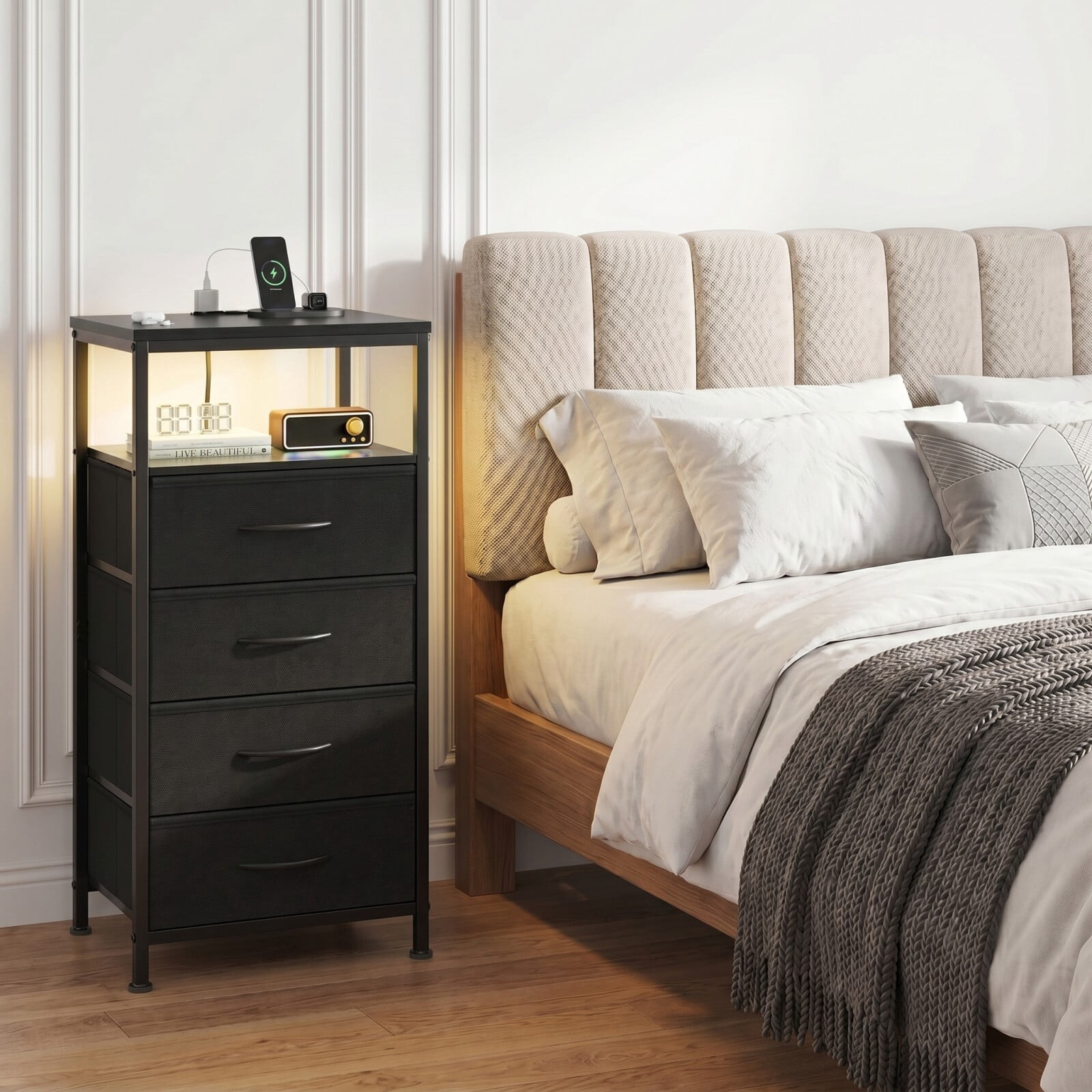 Kelno 4-Drawer Nightstand with Charging Station AC Outlets LED Light Dresser Bedside Table, Black