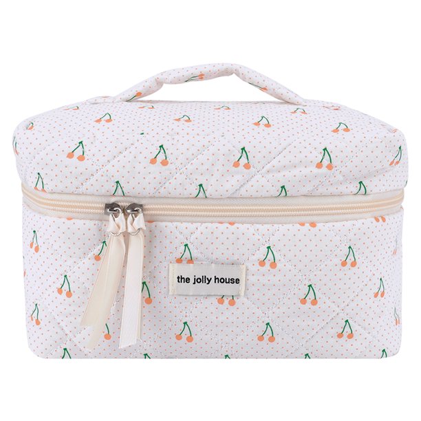 Bolsa de maquillaje acolchada de algodón, organizador de maquillaje de cereza grande y bonito, bolsa de almacenamiento, estuche organizador de cosméticos para mujeres y niñas