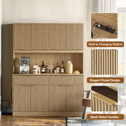 71" Tall Kitchen Pantry Cabinet with Power Outlet and Open Countertop, Modern Multi-Functional Storage Hutch Cabinet for Dining Room, Entryway and Living Room, Natural