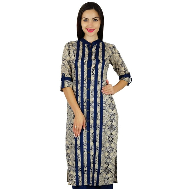 Bimba Kurta Droite en Coton Bleu à Col Mandarin pour Femmes avec Poches, Tunique Blouse Décontractée d'Été