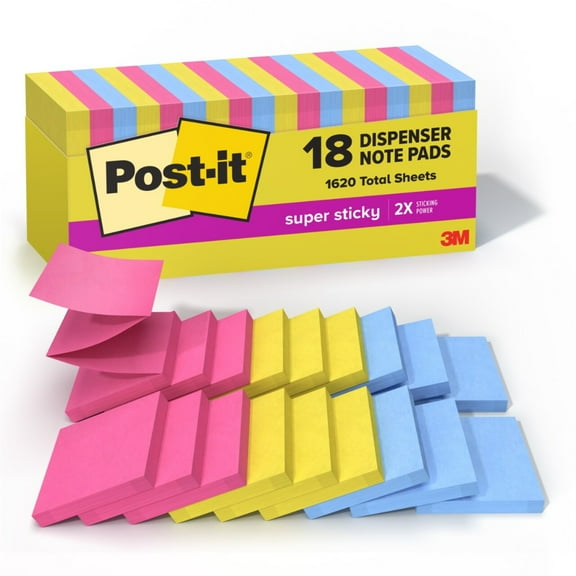 Post-it® Super Sticky Notes, 3 in x 3in, 18 Pads, 90 Sheets/Pad, 2x the Sticking Power, Summer Joy Collection