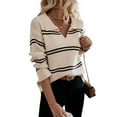 thumbnail image 3 of Women'S Casual Striped Long Sleeve V Neck Lightweights Pullover Sweater Loose Fit Drop Shoulder Tops Apricot S, 3 of 9