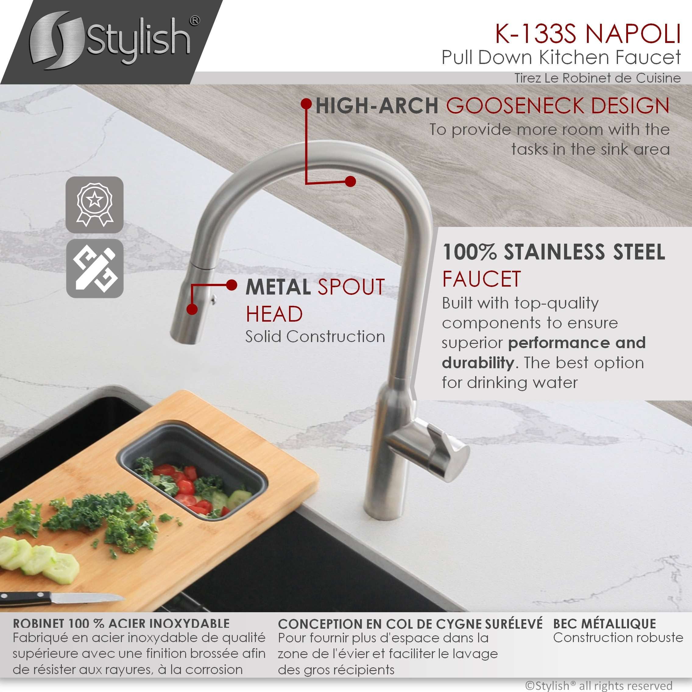 Stylish Napoli Single Handle Brushed Stainless Pull Down Kitchen Faucet K-133S