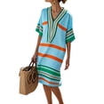 thumbnail image 2 of Roncen Women's Stripe Cotton Linen Midi Dress, V-Neck 3/4 Sleeve Boho Dress for Resort & Vacation, 2 of 7
