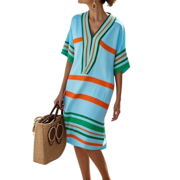 VEKDONE Striped Color Block Dresses for Women Half Sleeve V Neck Midi Dresses Summer Baggy Comfy Vacation Dress Casual Beach Dress Mint Green XL