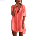 thumbnail image 2 of Kureaily Women Oversized Short Sleeve Button Down Shirt Dress, Loose Collared Linen Swim Cover Up Mini Tunic Dress Summer Casual Beach Vacation Outfit (Red,4X-Large), 2 of 6