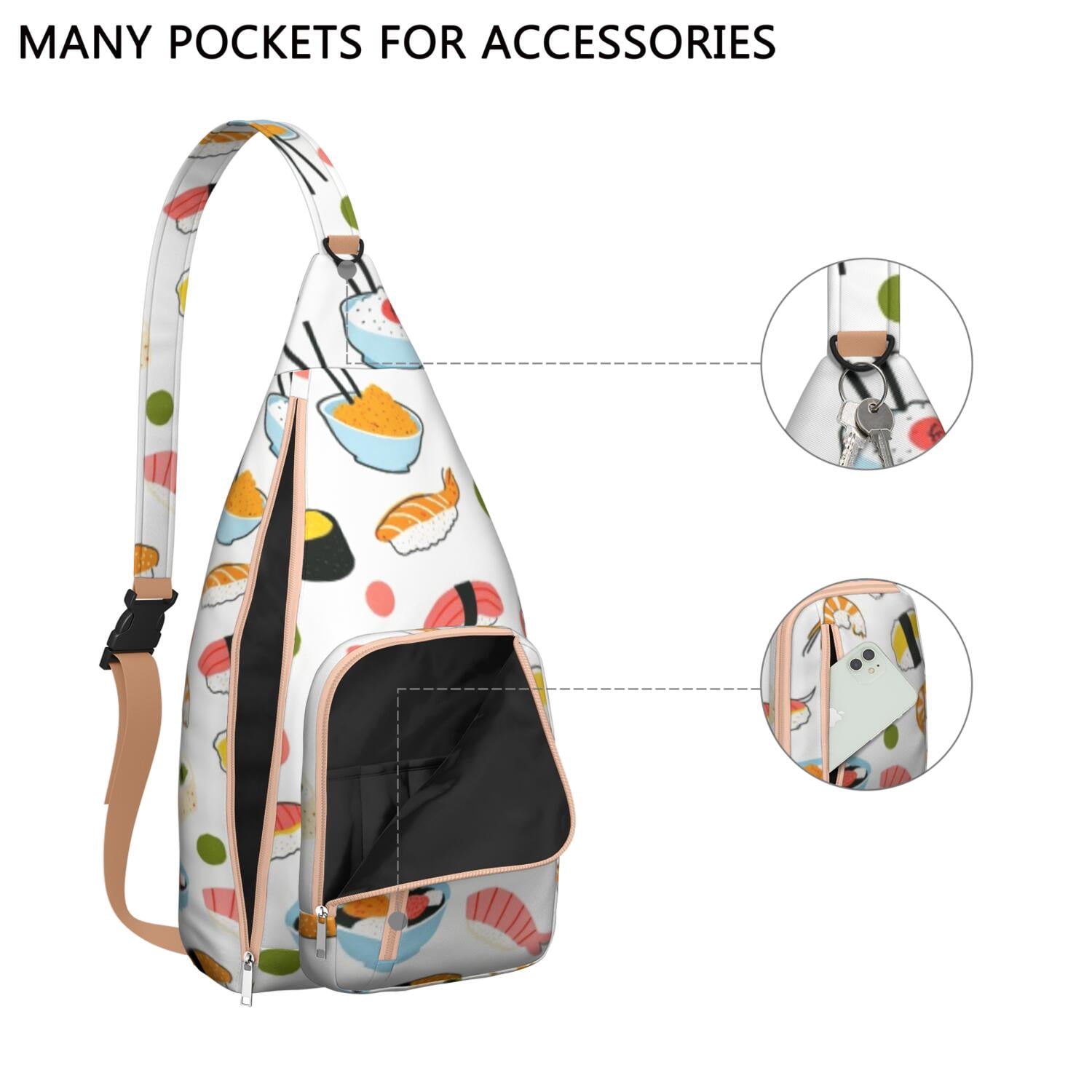 Travel Sling Bag for Men with Adjustable Shoulder Strap Shoulder Backpack Chest Bag Travel Hiking Casual Daypack Sushi