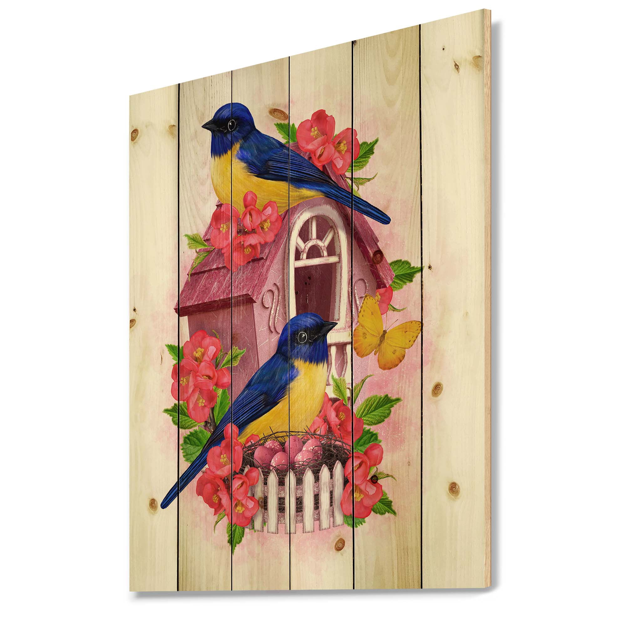 Designart 'Two Yellow and Blue Tit Birds Sitting Near The Nest' Traditional Print on Natural Pine Wood