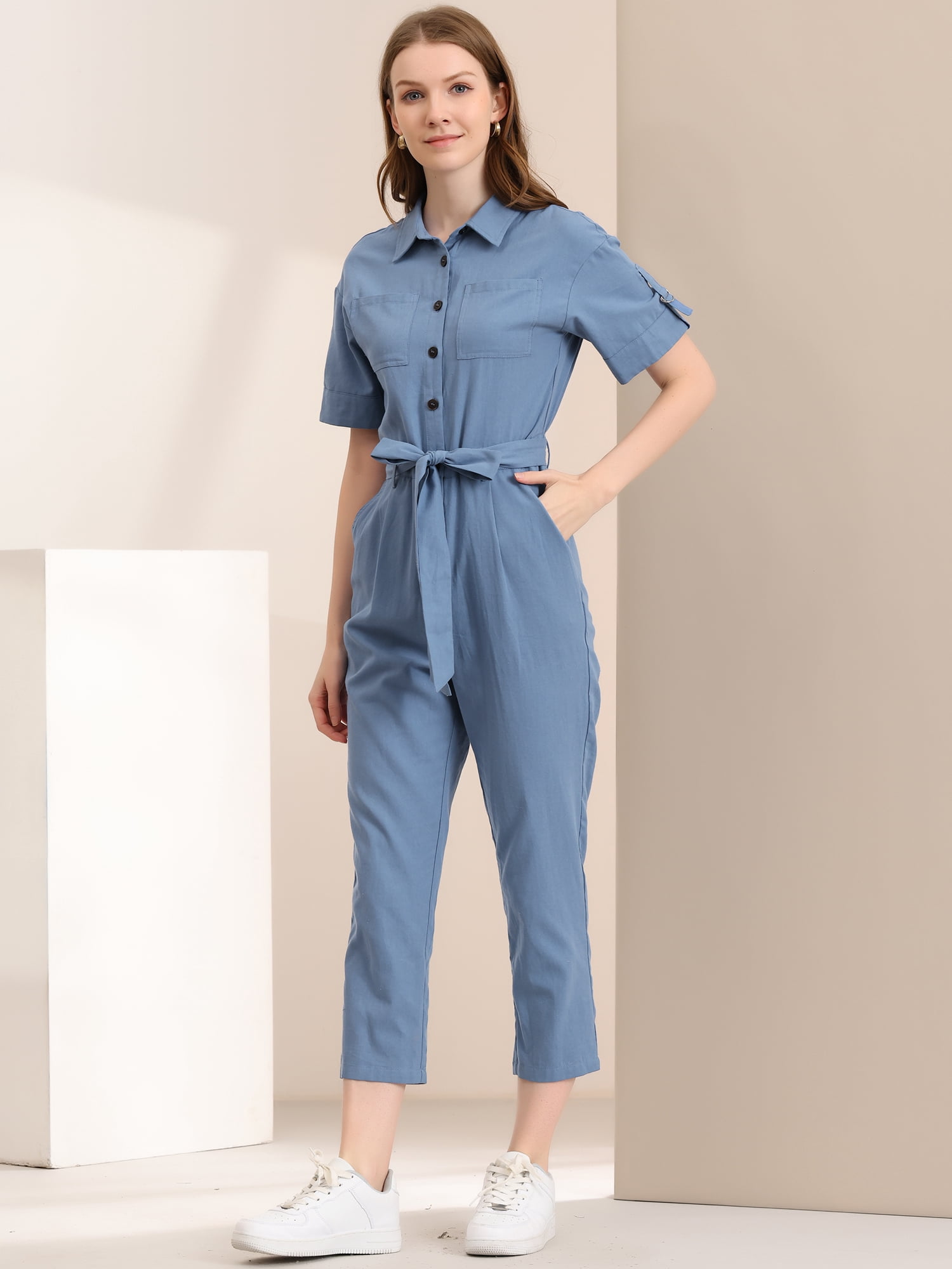 DARING DIVA Women's Button Up Tie Waist Jumpsuit with Pockets XL Blue