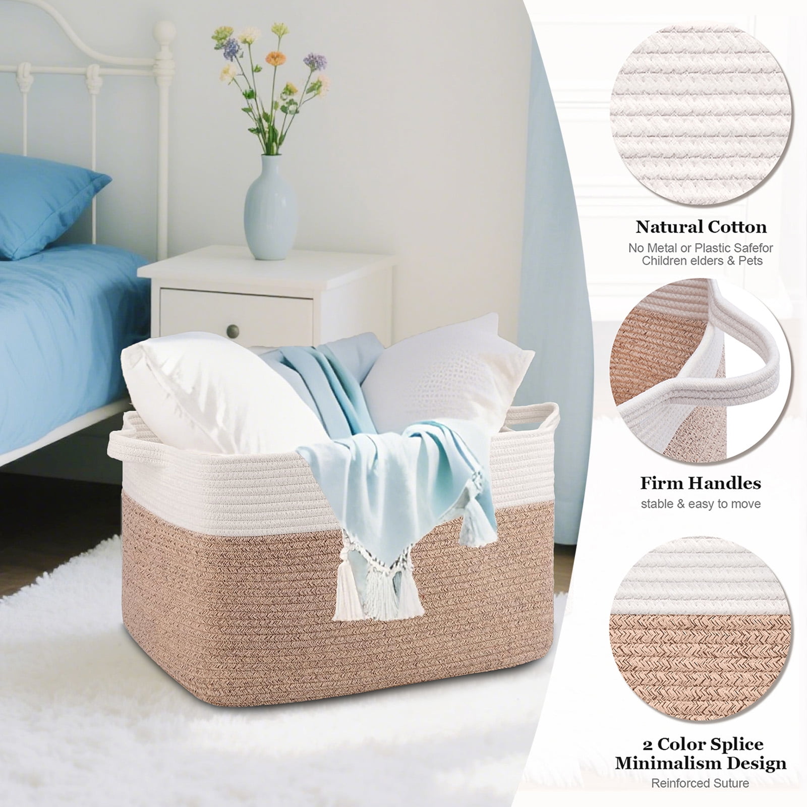 VeluraHome 50L Large Blanket Basket,Rectangle Storage Baskets for Storage,Cotton Rope Woven Storage Basket