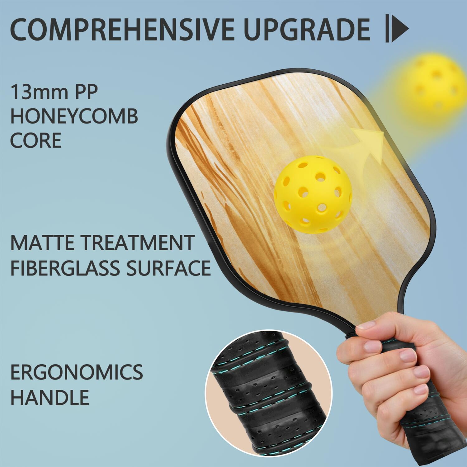 Pickleball Paddles Set Of 1, Fiberglass Surface, Wood Grain Print, 1 Paddle, 2 Balls & Bag