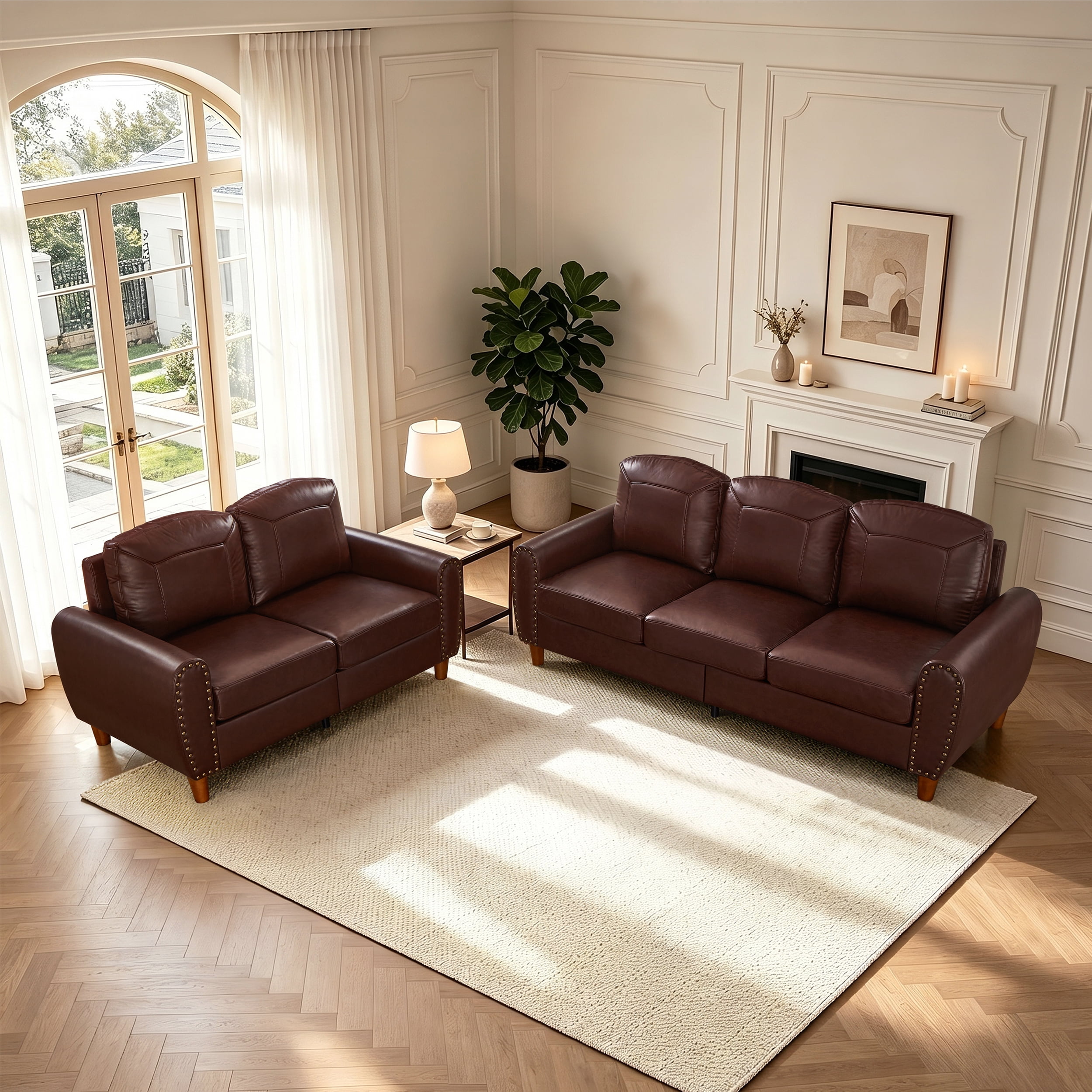 2-Piece Faux Leather Sofa Set,Classic Rolled Arm Loveseat & 3-Seater Sofa Couch with Brass Nailhead Trim & Solid Wood Legs,Apartment,Living Room,Burgundy