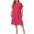 thumbnail image 2 of Agnes Orinda Women's Plus Size Crew Neck Tie Back Petal Short Sleeves Ruffle Hem A-Line Swing Midi Dresses 2X Hot Pink, 2 of 6
