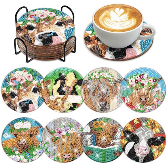 Juego de 8 piezas de arte con forma de vaca, diseño de diamantes para hacer tú mismo, de Drink Coaster Cumule