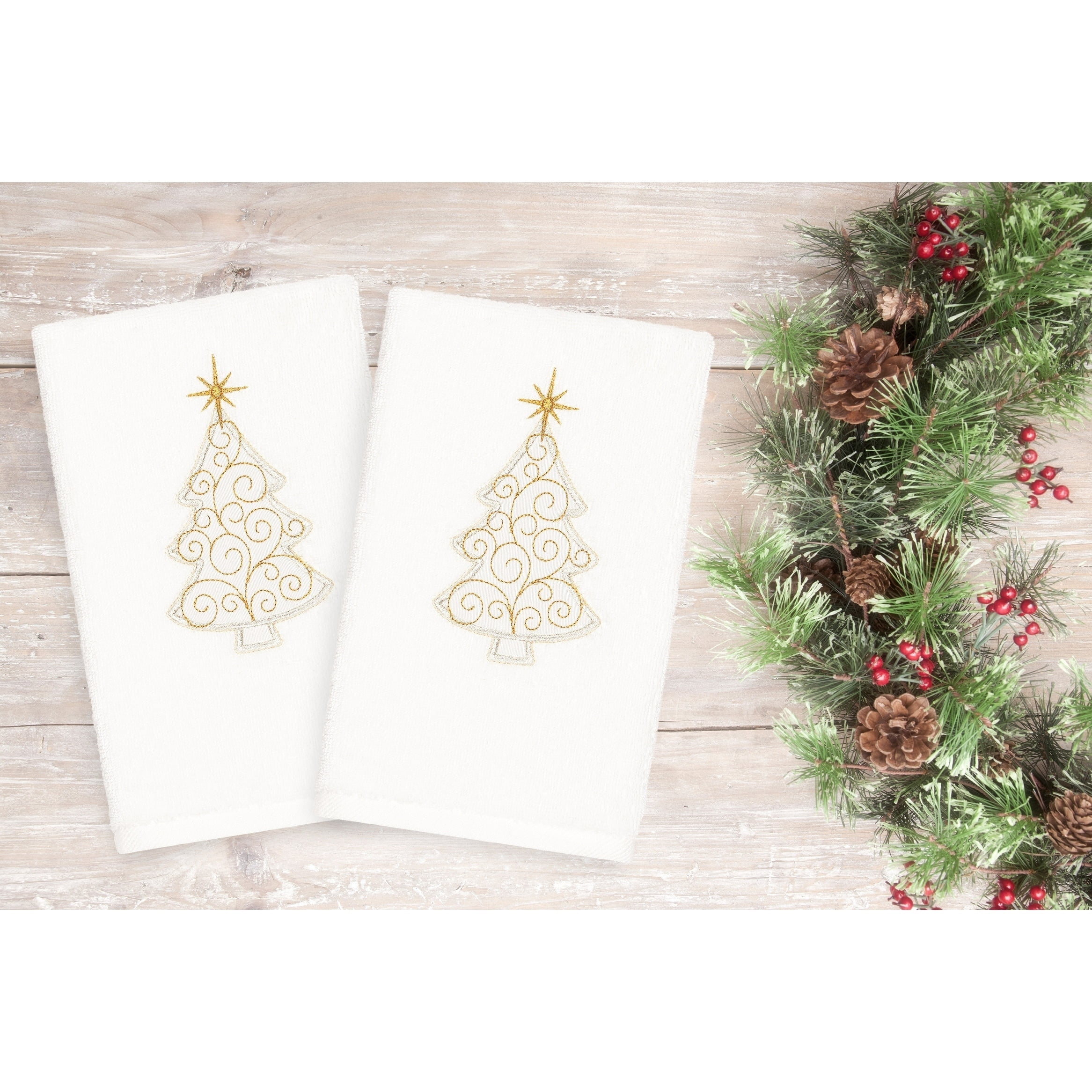 Linum Home Christmas Scroll Tree Party Embroidered White Turkish Cotton Hand Towels - Set of 2