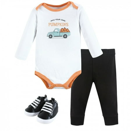 

Hudson Baby Infant Boy Cotton Bodysuit Pant and Shoe Set Pumpkin Truck 3-6 Months