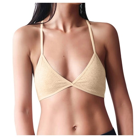 TANGNADE Women Deep V Bralette Style Underwear Cup Wireless Lingerie Push Up Bra Beige + L