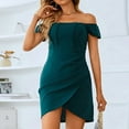 thumbnail image 2 of Jdlsppl Women's Short Sleeve Bodycon Dress Sexy Summer Fitted Short Flounce Ruched Club Party Night Out Backless Off Shoulder Mini Dresses Dark Green Large, 2 of 5