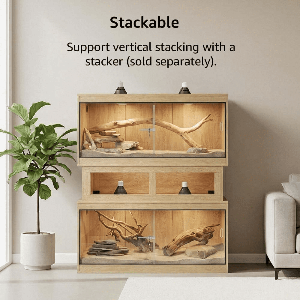 Unipaws 50 Gallon Reptile Tank, Front Opening Reptile Enclosure Terrarium with Sliding Doors, Top Ventilation, Stackable Natural Cage for Lizards and Snakes, Natural