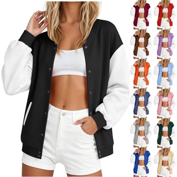 Qzwdhjm Varsity Jackets for Women Button Down Baseball Jacket Color Block Long Sleeve Bomber Coats Loose Casual Coat with Pockets