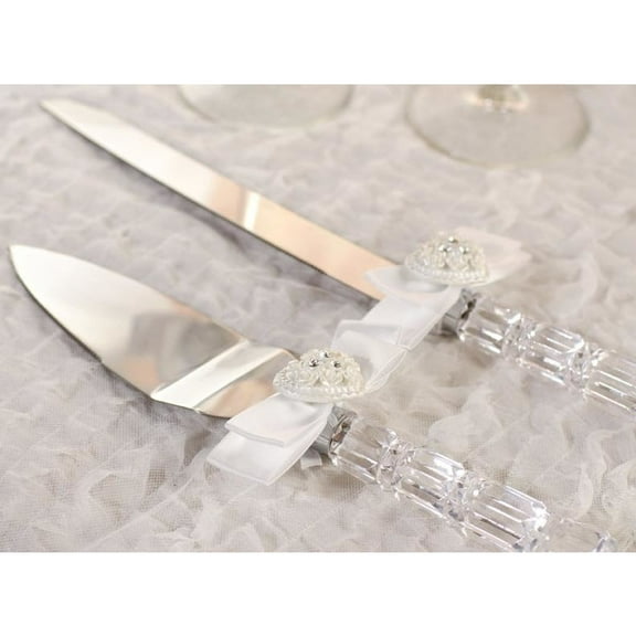 Rhinestone Pearlized Heart Rose Bouquet Wedding Cake Server Set