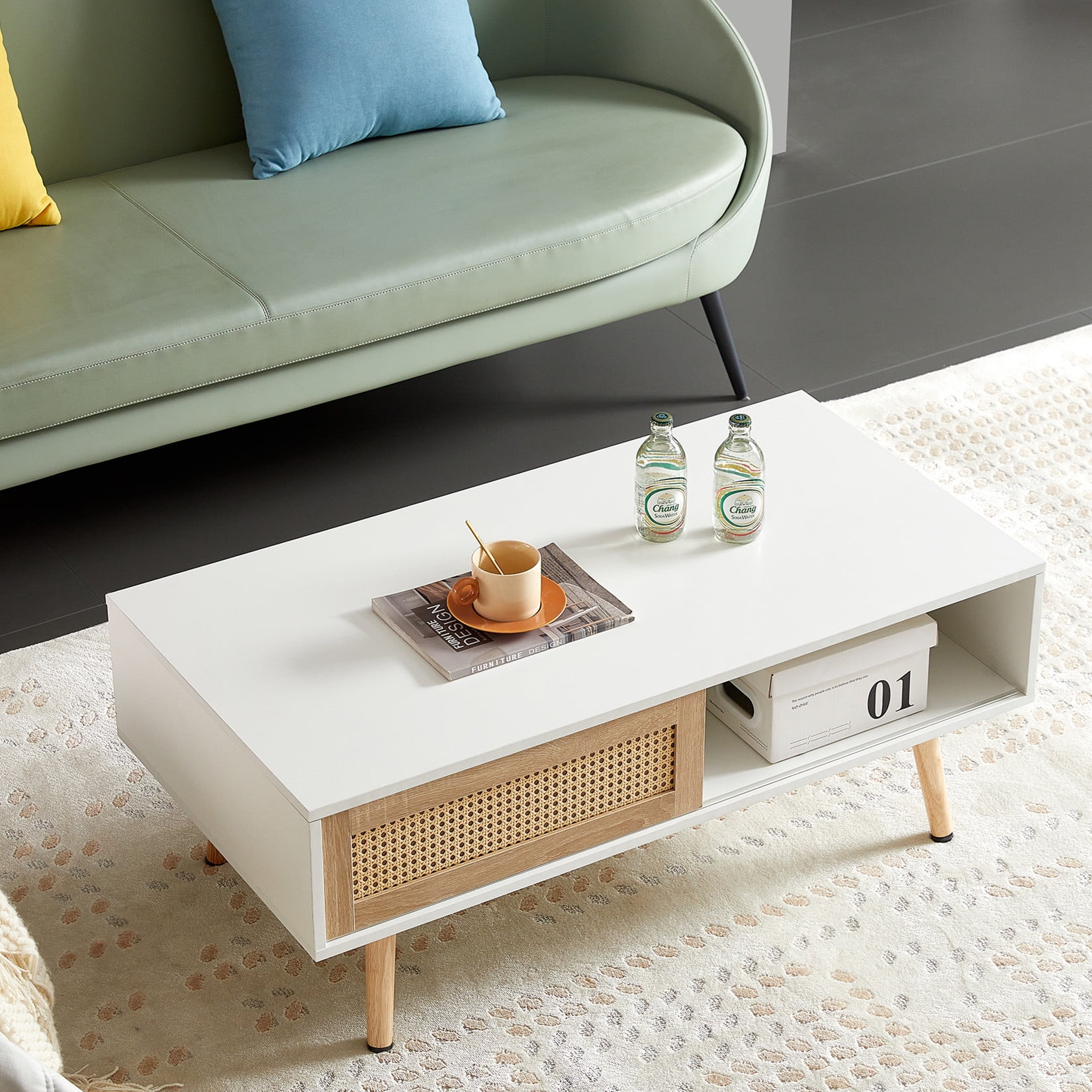 Aukfa Coffee Table with Storage, Modern Sofa Center Table for Living Room Home Office, White