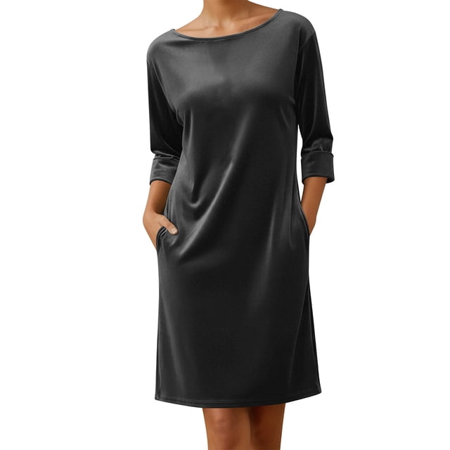 JGGSPWM Robes en Velours pour Femmes Élégantes à Manches Longues à Col Rond Robe de Couleur Unie Robe Midi Vintage avec Poches Gris m