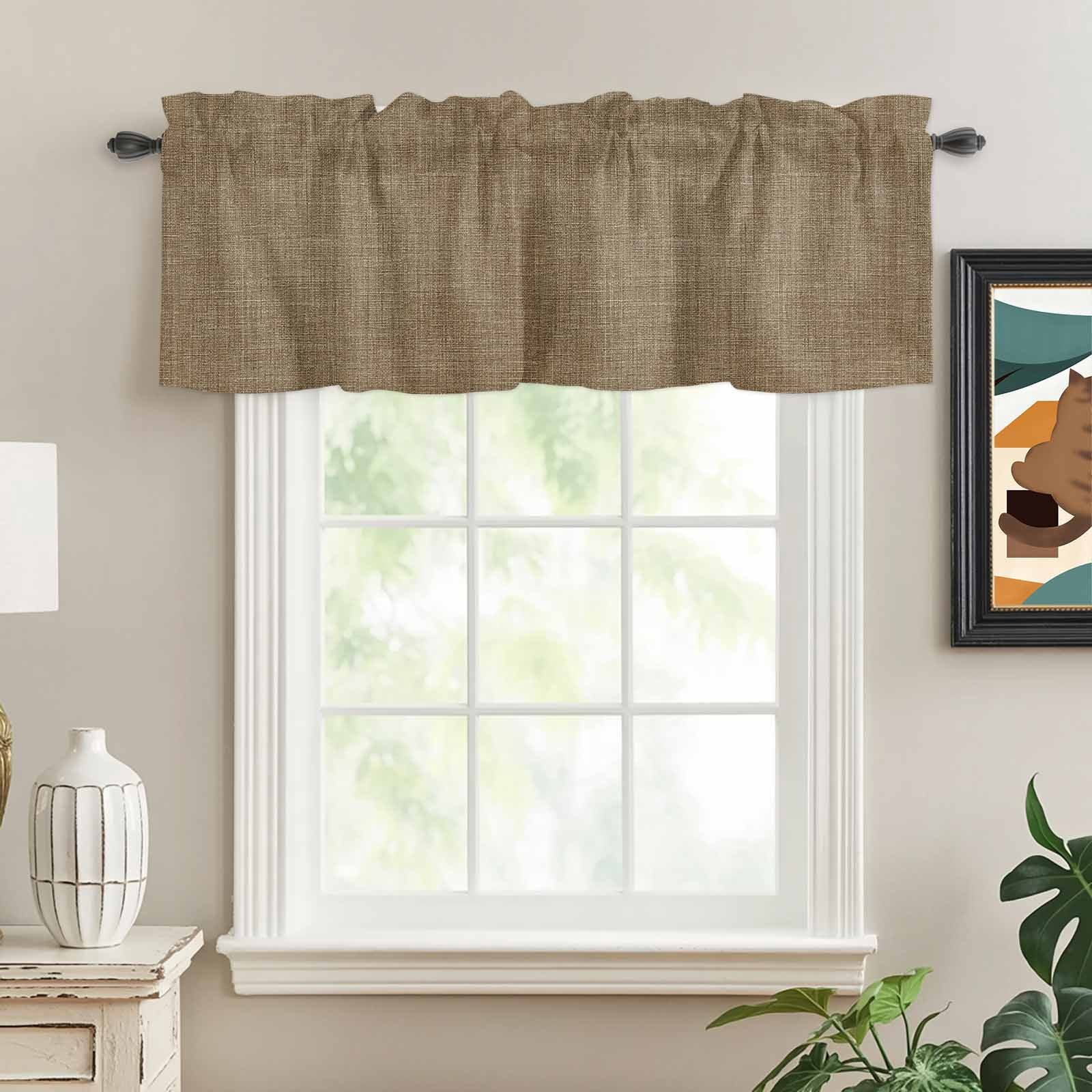 Vintage Brown Rod Pocket Curtain Valance, Farmhouse Retro Dark Solid Color Linen Texture Farmhouse Window Valance for Living Room, Bedroom, Kitchen 42"W x 12"L