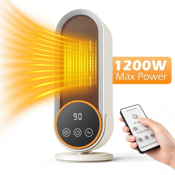 1200W Potable Space Heater for Inside with 3 Timing Settings, 2 Heat Levels Small Electric Heater for Indoor Home Use, Remote Control & Touch Control for Bedroom, Living Room, Office Use, Beige