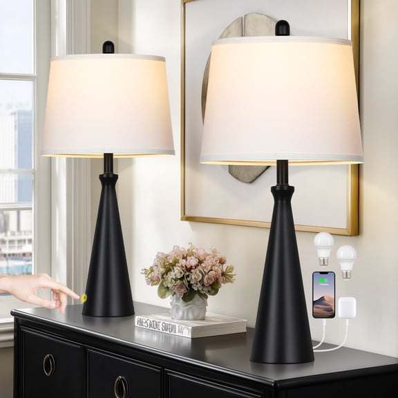Lolikit Table Lamps Set of 2, Black Modern Farmhouse 3-Way Dimmable Touch Bedside Lamp with USB A C Ports for Living Room Bedroom, Bulbs Included