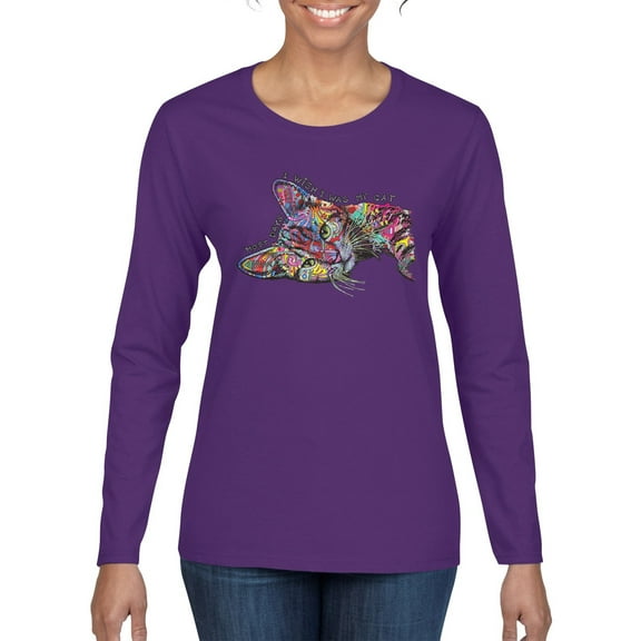 Tired Sleeping Cat | I Wish I Was My Cat Funny Colorful Kitty | Dean Russo Art Animal Lover Womens Long Sleeve T-Shirt, Purple, Small