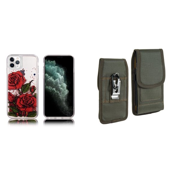 Liquid Glitter Case for iPhone 14 Pro Max and Belt Holster Pouch (Red Rose/Green)