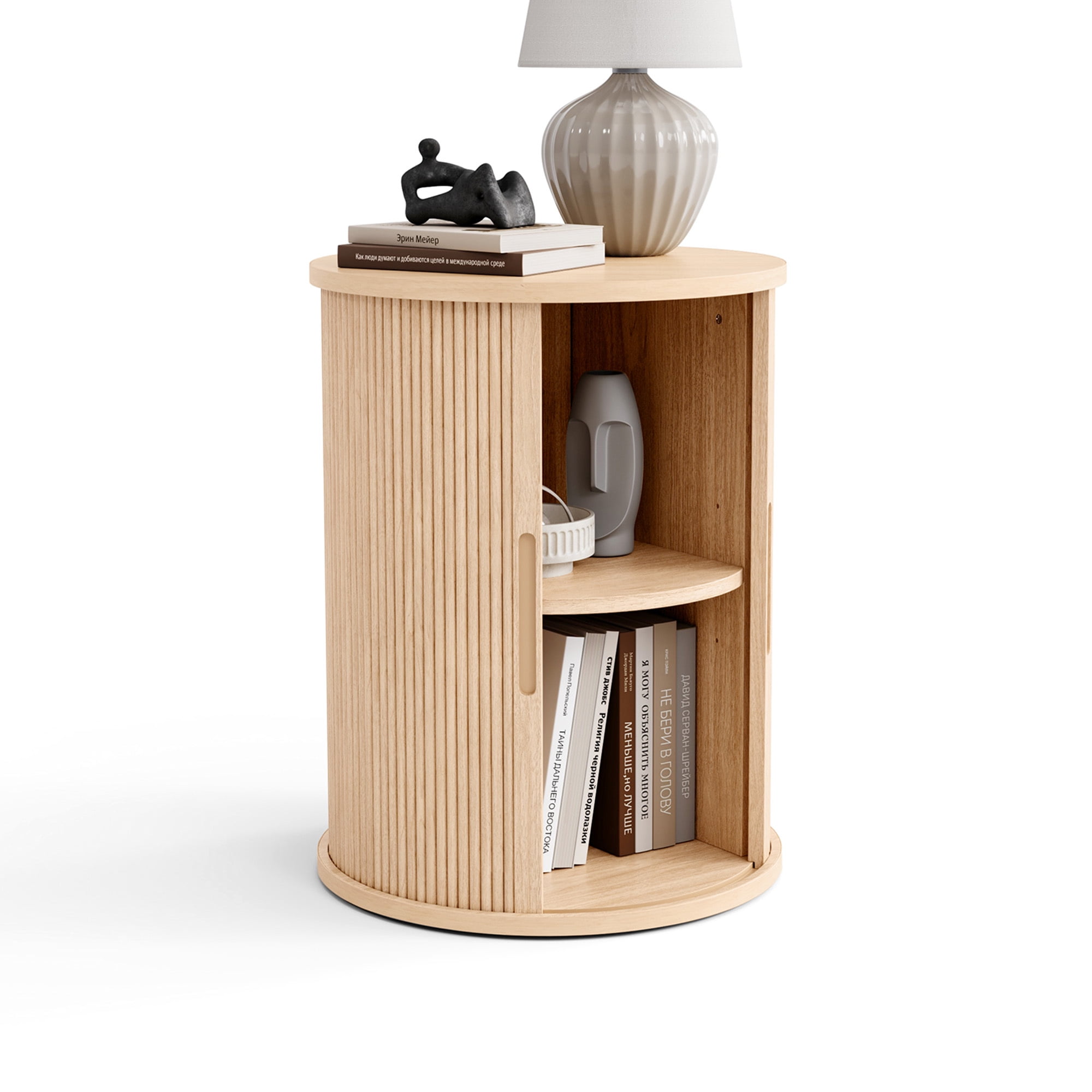 LINSY HOME Fluted Round End Tables for Living Room, Nightstand for Bedroom with with Sliding Tambour Door and Adjustable Shelves, Oak(1 Pcs)