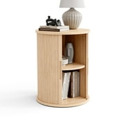 LINSY HOME Fluted Round End Tables for Living Room, Nightstand for Bedroom with with Sliding Tambour Door and Adjustable Shelves, Oak(1 Pcs)
