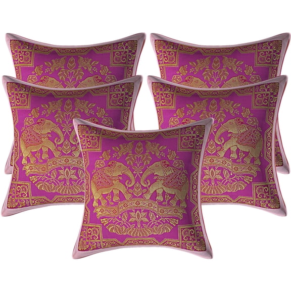 Stylo Culture Indian Indian Style Throw Pillows Elephant Floral Blush Pink And Gold Throw Pillow Covers 12x12 Jacquard Weave Banarasi Christmas Brocade 30x30 cm Cushion Covers (Set Of 5)