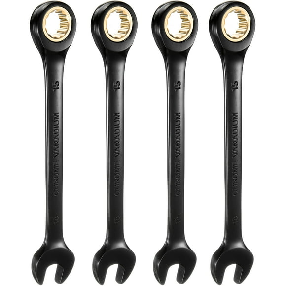 Uxcell 4Pcs Ratcheting Wrench 15mm Metric Open End Wrench 72-Teeth CR-V Steel 12 Point Nickel Plated Combination Ratchet Wrench